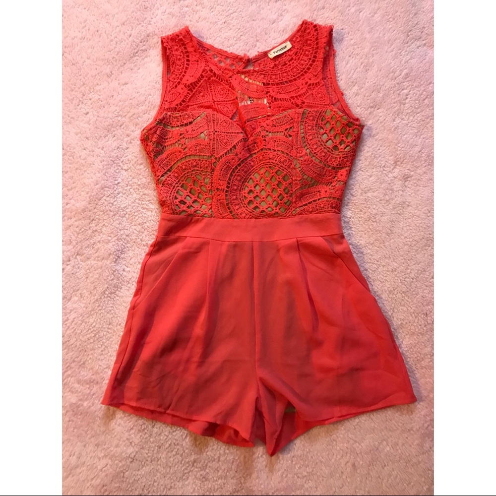 Coral Crochet & Chiffon Romper with Back Cutout